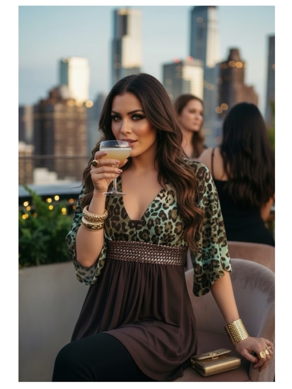 Linda Segal ⌘ Braided Belt Plunging Neckline Top ⌘ Chocolate Mint Leopard ⌘ L ⌘